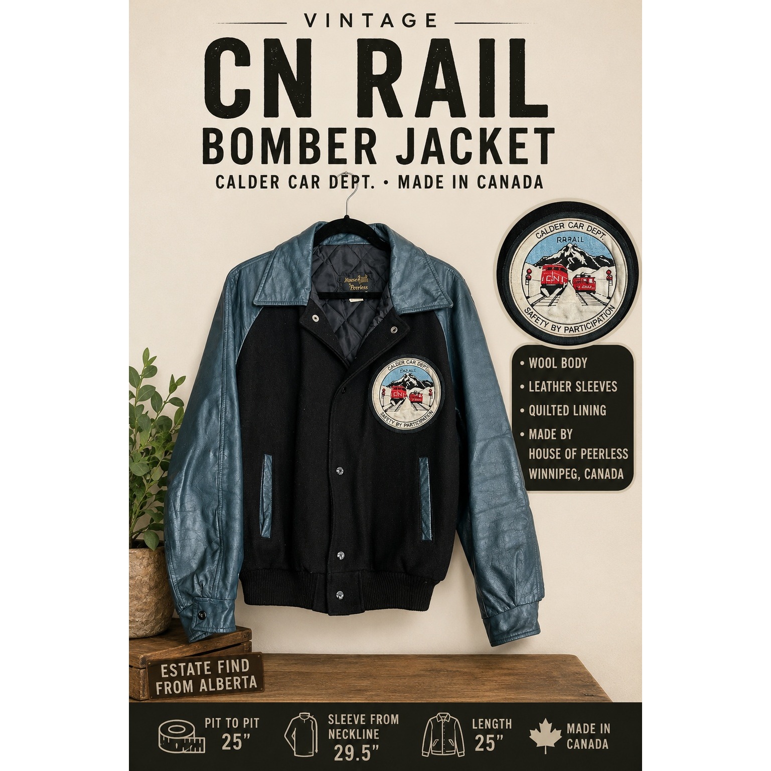 Vintage Cn Rail Calder Car Dept Leather Wool Bomber Jacket Canada Railroad 90s